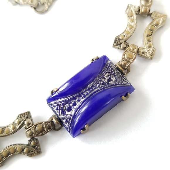 Relisted-Vintage Art Deco necklace blue glass silver tone choker - Picture 8 of 17